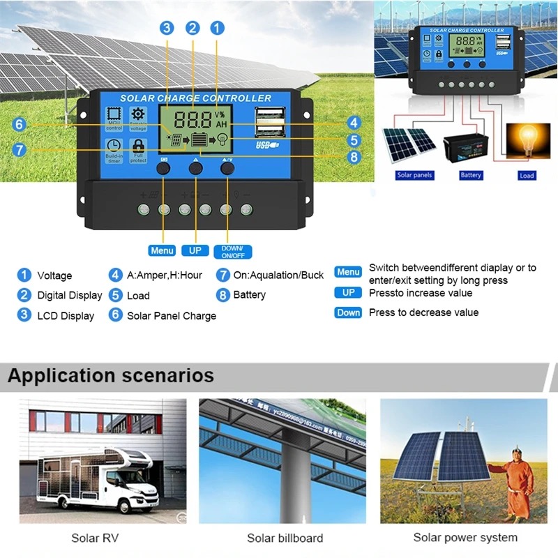 Fabrika fiyat OEM hizmeti 12 V 24 V solar şarj regülatörü güneş kontrolörü 10a 20a 30a 40a 50a 60a pwm solar şarj regülatörü